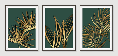 Botanical wall art vector set. Golden foliage line art drawing with watercolor.  Abstract Plant Art design for wall framed prints, canvas prints, poster, home decor, cover, wallpaper.