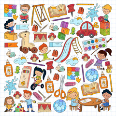 Children play with toys in the kindergarten. Kids playground. Education, creativity, imagination.