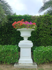 Roman flower style ornamental pot in the garden