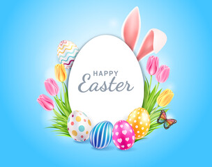 Fototapeta na wymiar Happy easter day easter eggs colorful different and patterns texture and rabbit ears with tulips flower and butterfly on blue color background. Vector illustrations..