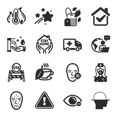 Set of Medical icons, such as Washing hands, Mint tea, Usa close borders symbols. Vector