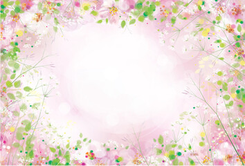 Vector pink,  floral, bokeh background. Beutiful floral frame, flowers and plants.