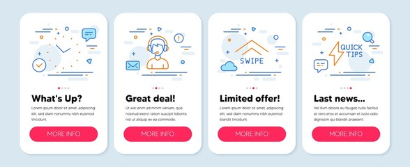Set of Technology icons, such as Consultant, Swipe up, Time symbols. Quickstart guide line icons. Vector
