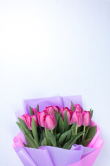 The tulips are wrapped in beautiful wrapping paper. Pink flower buds for the spring festival