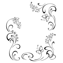 frame 88. decorative frame with stylized flowers on stems, butterflies and vignettes in black lines on a white background
