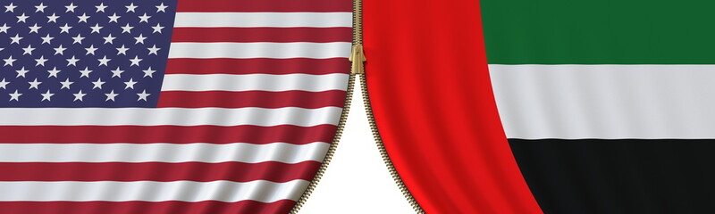 United States and the UAE political cooperation or conflict, flags and closing or opening zipper, conceptual 3D rendering