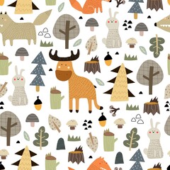 Seamless pattern with woodland, animals, decor elements. Colorful vector flat for kids. hand drawing. baby design for fabric, print, wrapper, textile