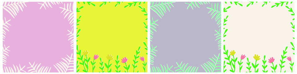 Set of vector gentle pastel simple trendy backgrounds with flowers and plants. 2021 collection of modern colors. Palette for decoration and design. Isolated, for your inscription. Spring, summer. Hand