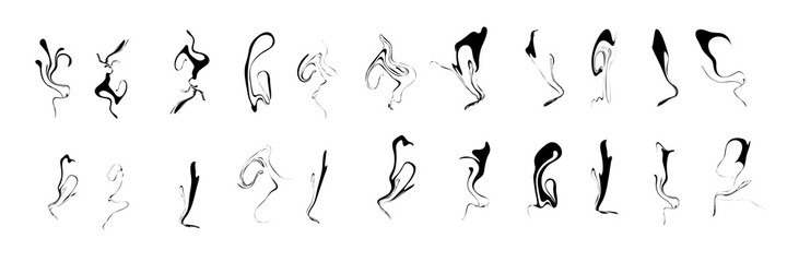 Black random abstract shapes of curved lines. Space distortion optical illusion, Dynamic fluid lines vector elements.