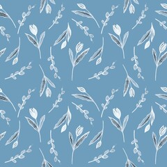 Black and white pattern with pussy-willows and tulips. Designed for textile fabrics, wrapping paper,background,cover,prints.