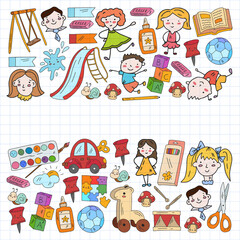 Kindergarten. Vector pattern with toys and small children. Preschool education.