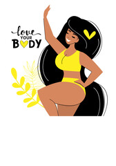 Attractive overweight lady. Female cartoon character. Love your body. Body positive. Plus size woman