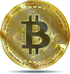 Golden bitcoin coin. Crypto currency golden coin bitcoin symbol  isolated on White Background Realistic vector illustration.