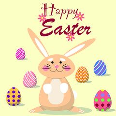 Cute Easter bunny surrounded by painted eggs. For cards, posters, advertisements. Vector illustration.
