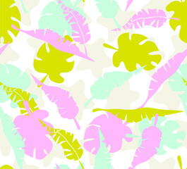 Vector seamless pattern with
 monstera leaves and hand drawn banana branches. Trendy and trendy tropical plant print for boys and girls. Illustration for envelopes, textiles, clothes, notebooks