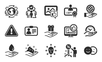 Like, Like video and Certificate icons set. Loyalty program, Safe time and Face biometrics signs. Vector