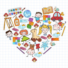 Kindergarten. Vector pattern with toys and small children. Preschool education.