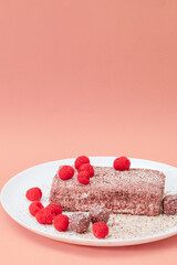 Cake with honey and raspberries on a white plate and pink background. Copy space 