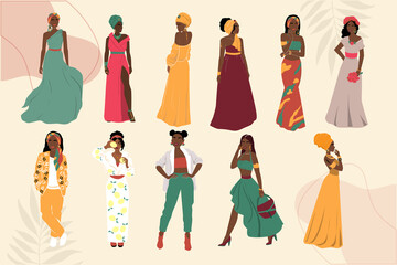 Beautiful abstract collection of African American woman. Vector illustration isolated. Portrait of girls for avatars