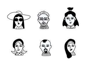 People line design hand drawn grunge icon set. Women's men's head. Trendy black and white vector illustrations.