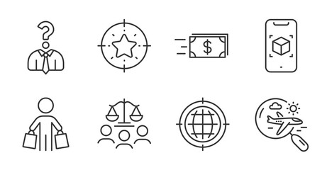 Augmented reality, Star target and Buyer icons set. Court jury, Seo internet and Search flight signs. Vector