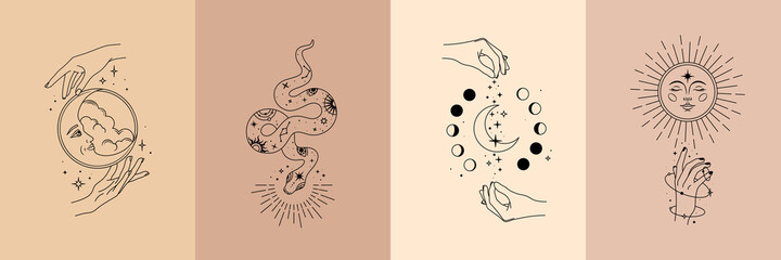 Vector poster set of mystical magic objects- woman hands, moon, sun, stars, planets, snake. Trendy minimal style, line art. Spiritual occultism objects. - obrazy, fototapety, plakaty