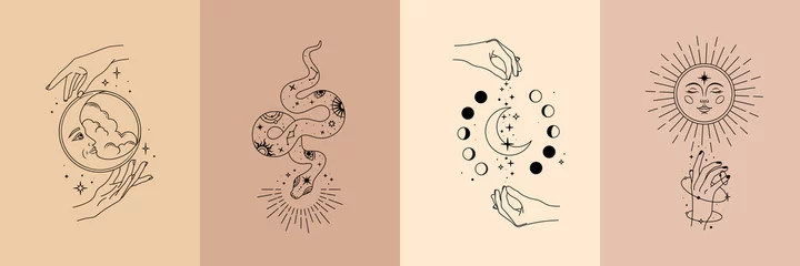 Fotobehang Vector poster set of mystical magic objects- woman hands, moon, sun, stars, planets, snake. Trendy minimal style, line art. Spiritual occultism objects. © Valedi 