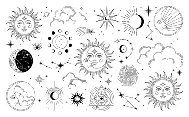 Set of sun, moon, stars, clouds, constellations and esoteric symbols. Alchemy mystical magic elements for prints, posters, illustrations and patterns. Black spiritual occultism objects.