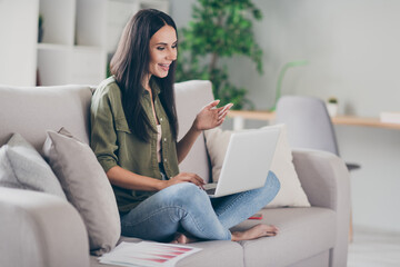 Profile side view portrait of lovely cheerful girl sitting on divan making video call talking spending weekend at home house flat indoor