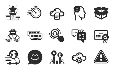 5g internet, Ram and Ab testing icons set. Certificate, File storage and Winner podium signs. Vector