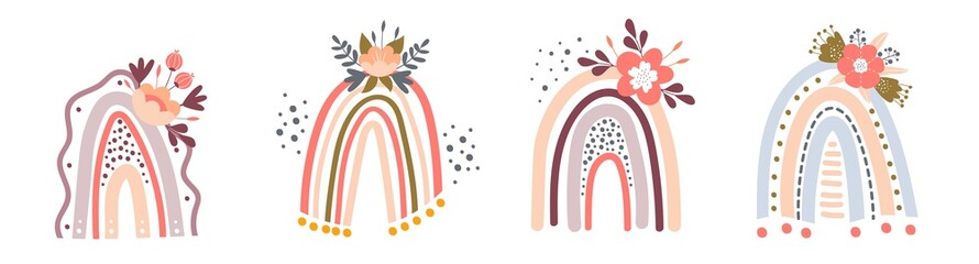 Rainbow with flowers in a childish style on a white isolated background. Vector illustration for summer