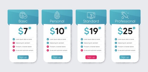 Touch screen, Artificial colors and World statistics icons set. Medical syringe sign. Vector