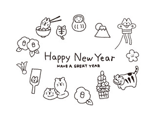 イラスト素材　寅と縁起物の年賀状素材