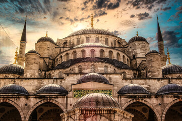Fototapeta na wymiar A dynamic front view looking up at the Blue Mosque, in Istanbul, Turkey.