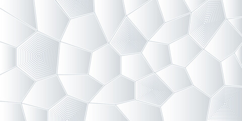 White 3D background with geometric shapes. Banner with different polygons. Backdrop with hexagons. Vector illustration in realistic style. White wall. Modern design for wallpaper, flyer, poster.