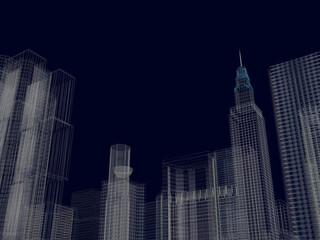 The contour of skyscrapers on a dark blue background. 3D. Vector illustration