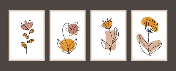 Botanical wall art vector set. Minimal and natural wall art. Boho foliage line art drawing with abstract shape. Abstract Plant Art design for print, wallpaper, cover. Modern vector illustration.