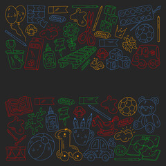 Kindergarten and toys. Little children game. Kids playground. Education, creativity, imagination.