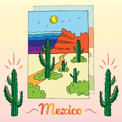 Colorful Mexican landscape with cactus and road