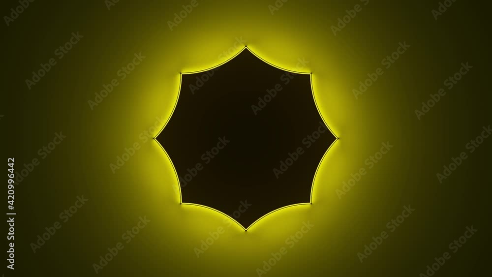 Poster circle with inner yellow light split to parts and transfrom to outer glow. abstract seamless loop an