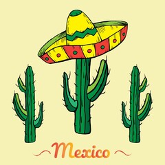 Mexican sombrero hat with green cactus on light background