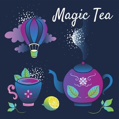 Purple blue teapot and cup with clouds and lemon on dark background