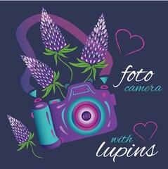 Purple camera with lupine flowers on dark background