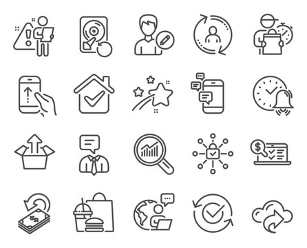 Technology icons set. Included icon as Data analysis, Recovery hdd, Security lock signs. Vector