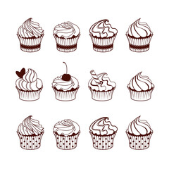 Set of muffins and cupcakes. Vector design elements, template for bakery, cafe, sweet shop, pastry shop, confectionery, packaging, wrapper, menu, signboard, label, emblem, logo, holiday greeting card
