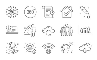 Fototapeta premium Employee hand, 360 degrees and Group icons set. Report, Rainy weather and Cogwheel signs. Vector
