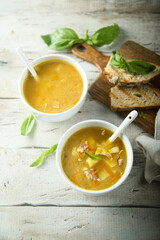 Traditional homemade pea soup with bacon