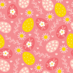 Easter seamless pattern with eggs, apple flowers, branches, chamomiles