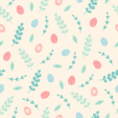 Easter seamless pattern with eggs, branches, leaves. Scandinavian style