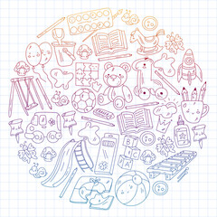 Kindergarten and toys. Little children game. Kids playground. Education, creativity, imagination.